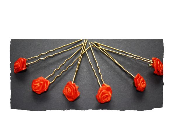 Haarschmuck - 6 goldfarbene Haarnadeln mit Rosen in der Farbe orange